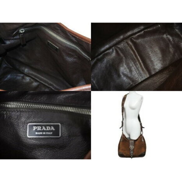 Prada Shoulder Bag Crocodile Ray Cow Tiger Eye Studs Suede Brown - Picture 8 of 8